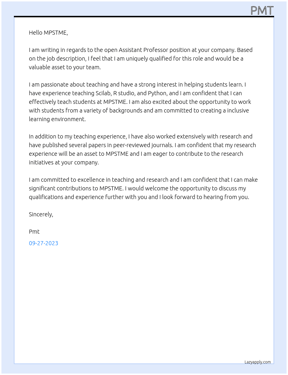 Assistant Professor At MPSTME Cover Letter