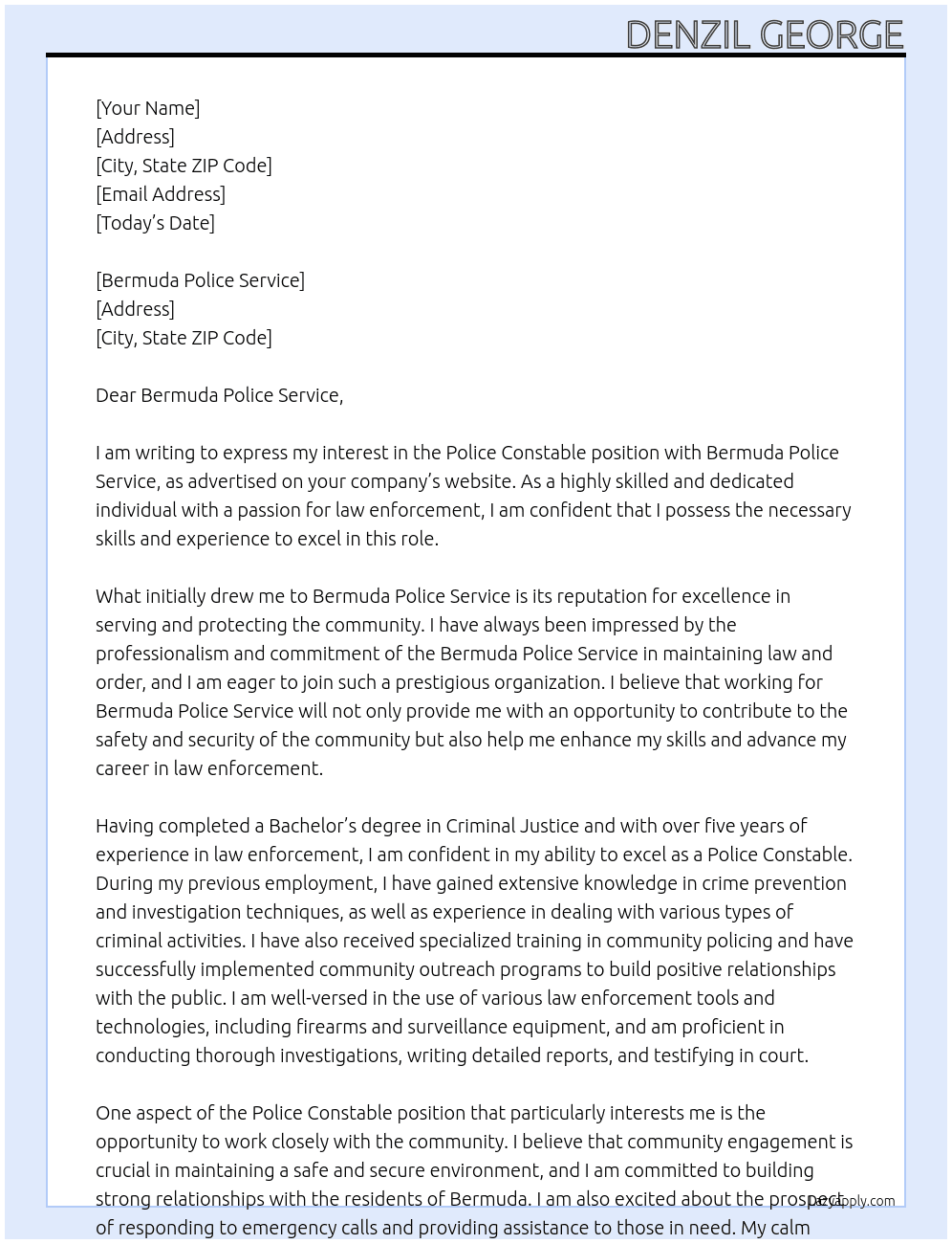 Police Constable At bermuda police service Cover Letter