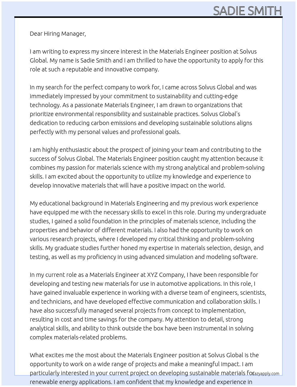 Materials Engineer At Solvus Global Cover Letter