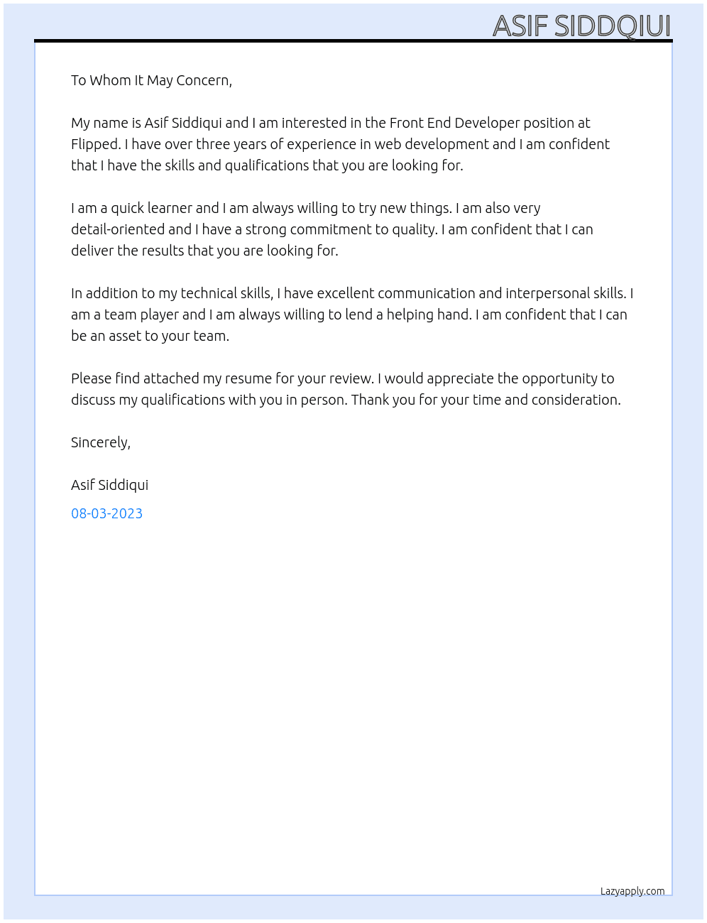 Front end developer At Flipped Cover Letter