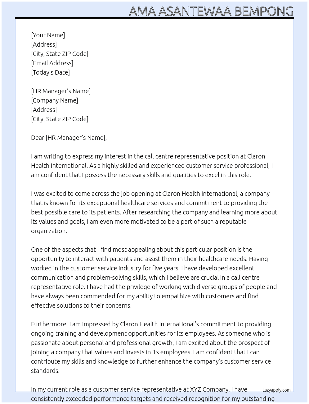 call centre representative At Claron Health International Cover Letter