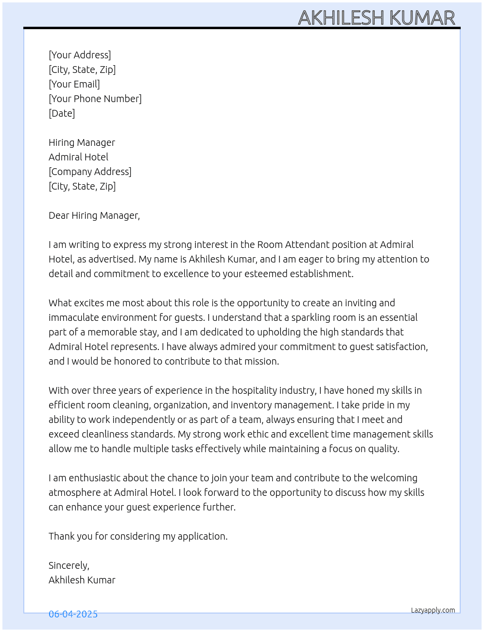 Room attendant  At Admiral hotel Cover Letter