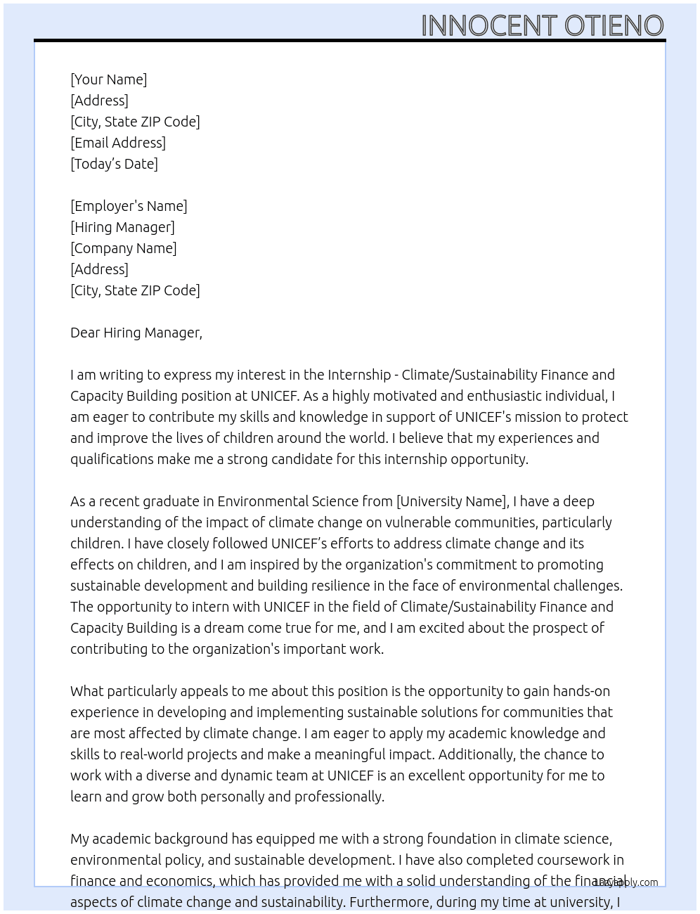 Internship - Climate/Sustainability Finance and Capacity Building At UNICEF (United Nations Children's Fund) Cover Letter