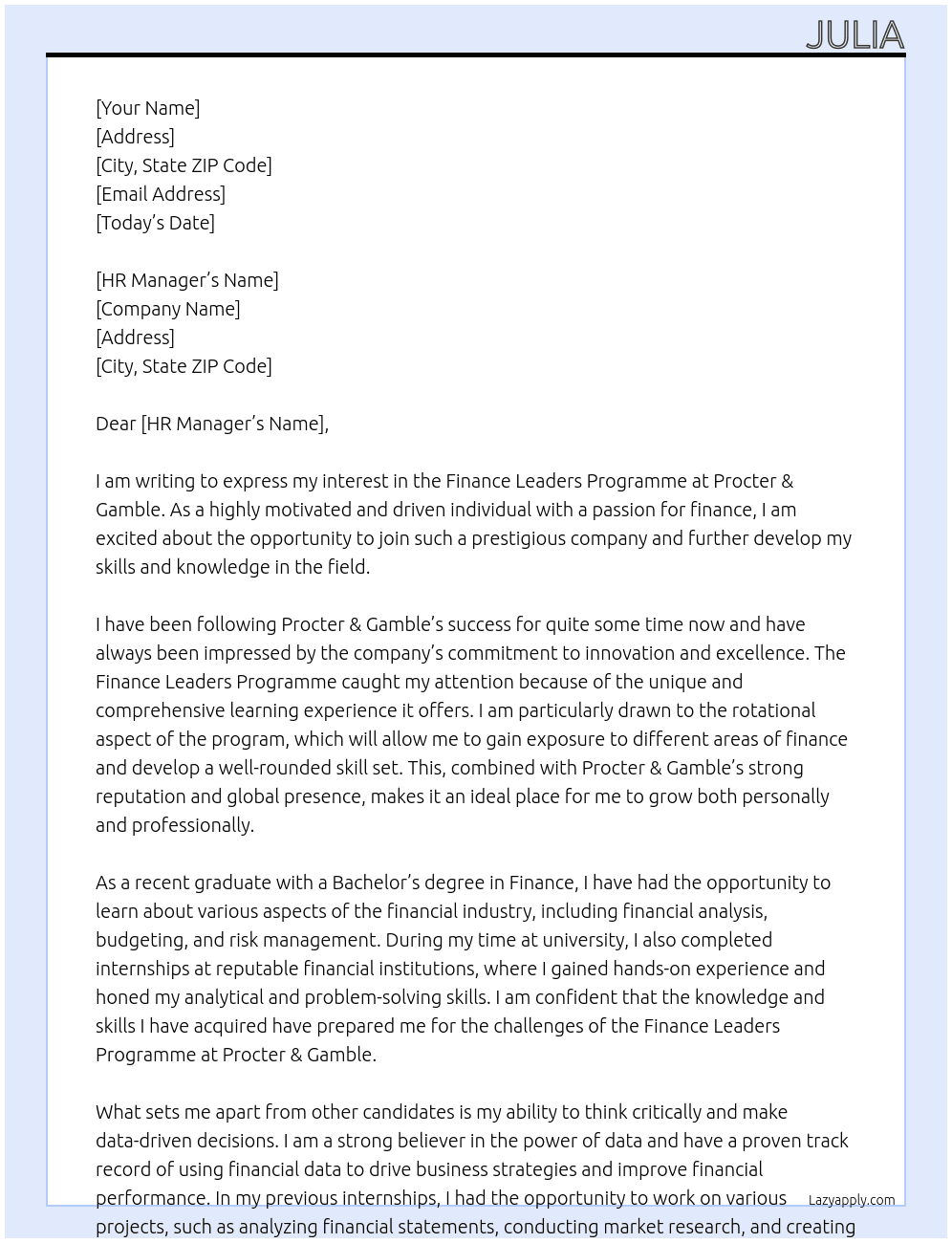 Finance leaders programme At Procter & Gamble  Cover Letter