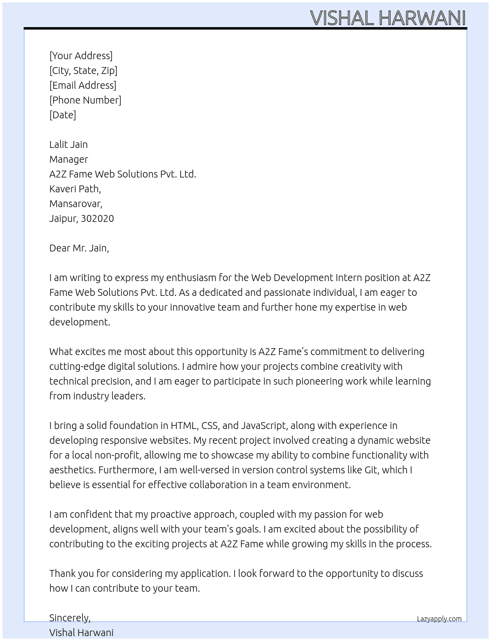 Cover letter for intern in the web developing - LazyApply