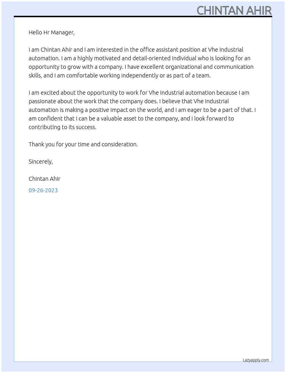 Office assistant  At Vhe Industrial automation  Cover Letter