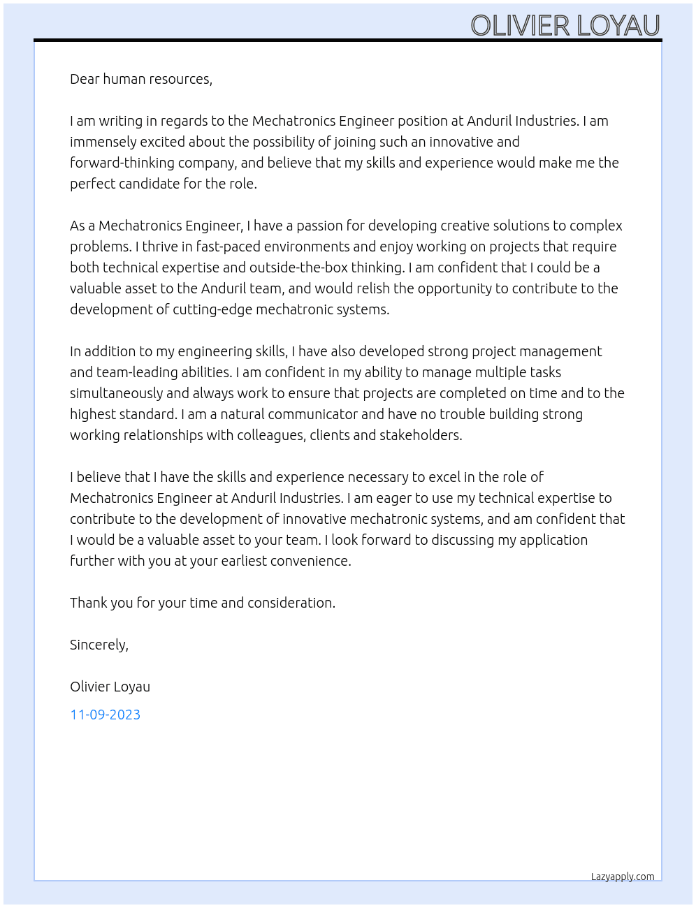 Mechatronics Engineer At Anduril Industries Cover Letter