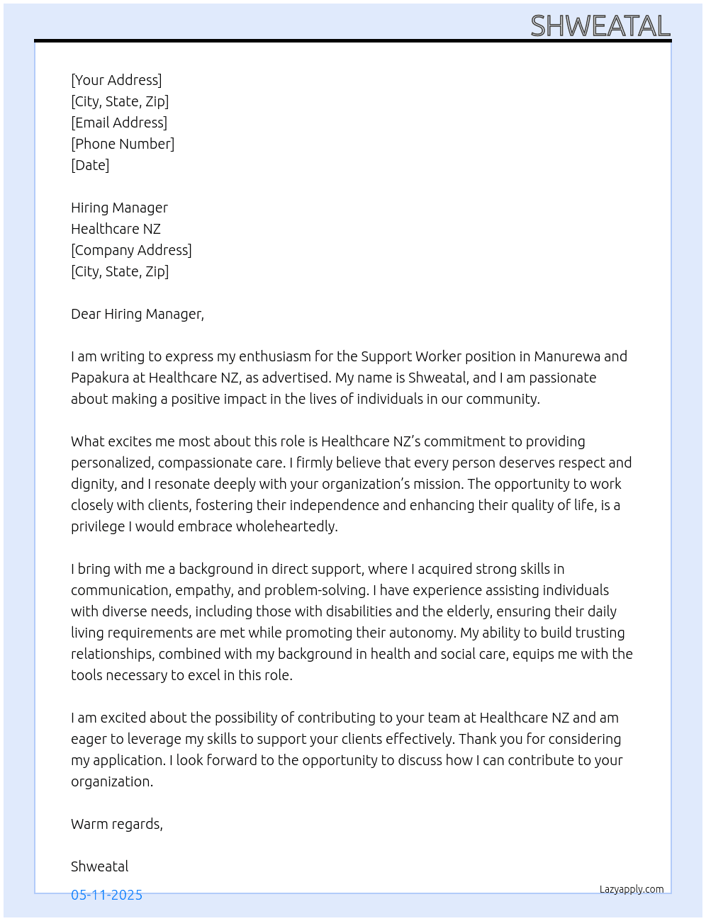 Support Worker- Manurewa and Papakura At Healthcare NZ Cover Letter