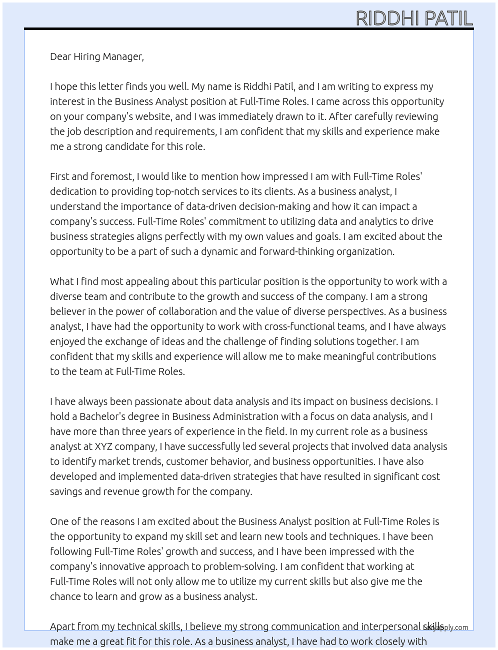 Business Analyst At Full-Time Roles Cover Letter