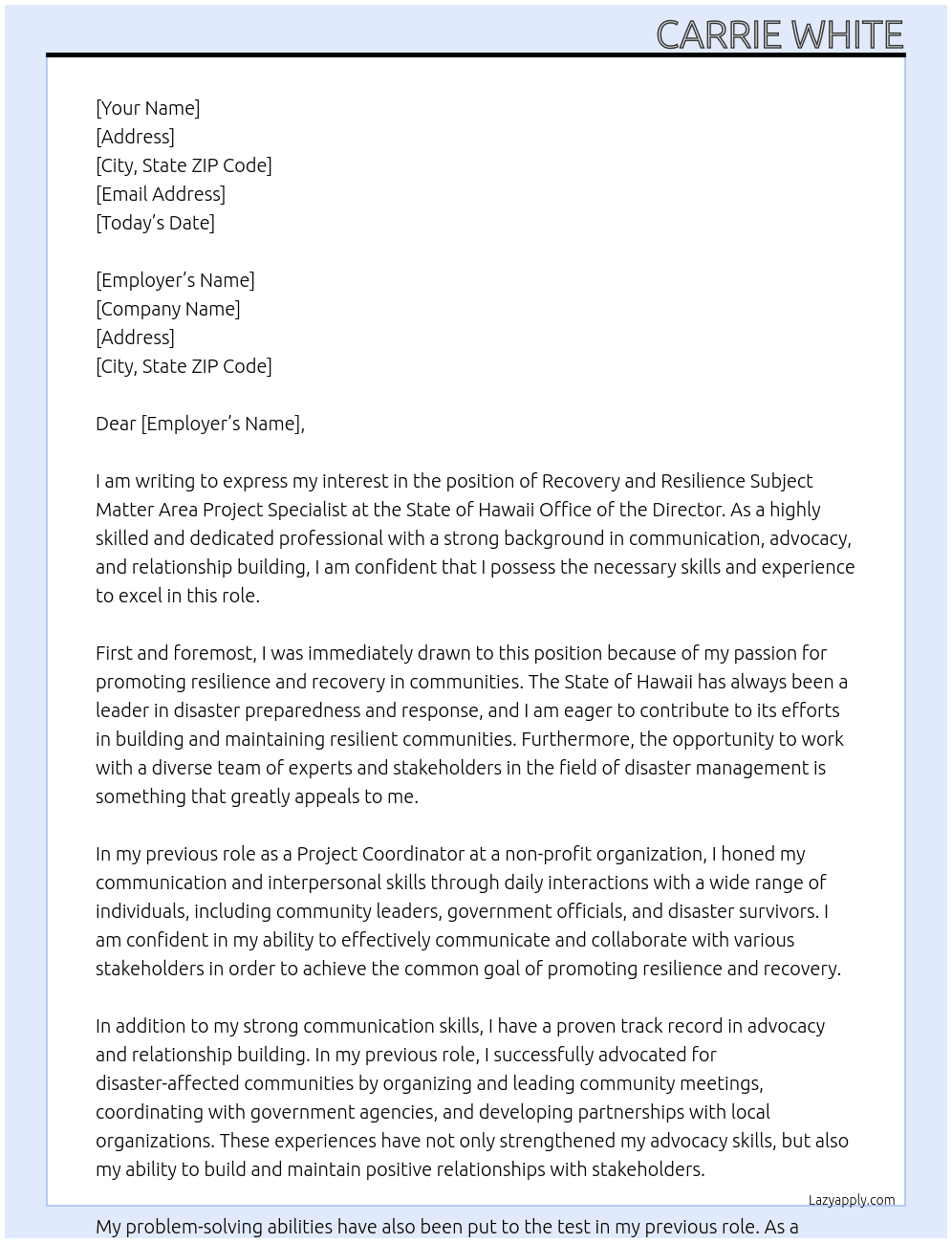 Recovery and Resilience Subject Matter Area Project Specialist At State of Hawaii Office of the Director Cover Letter