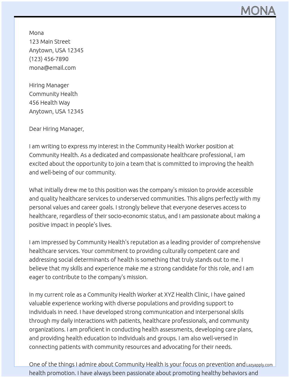 Community health worker At Community health Cover Letter