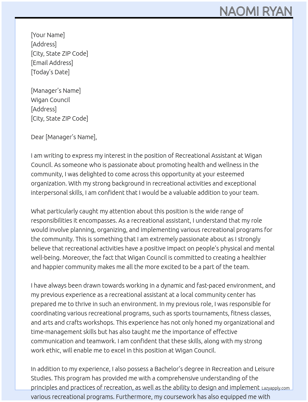 recreational assistant At wigan council  Cover Letter