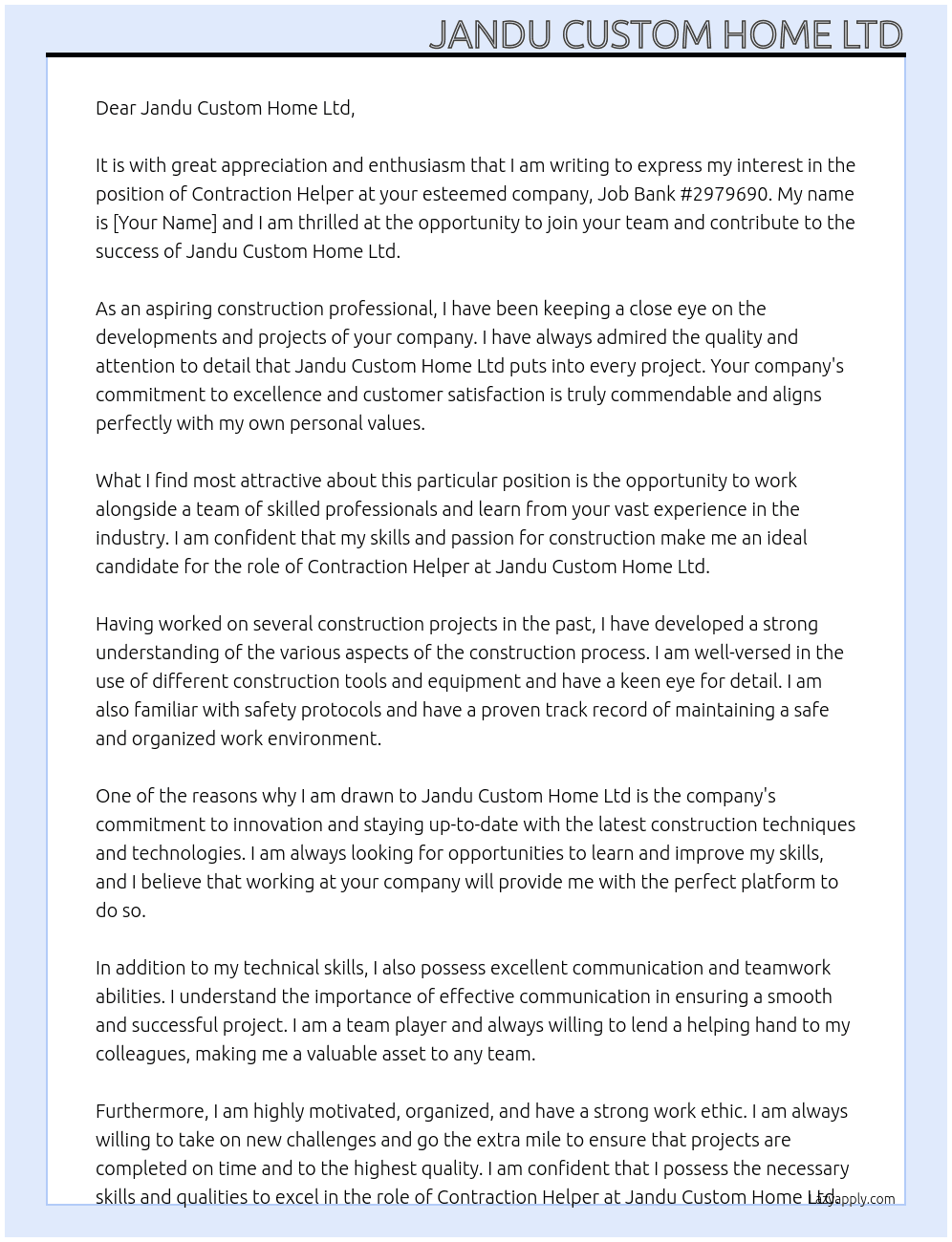 Contraction helper  At Job Bank #2979690 Cover Letter