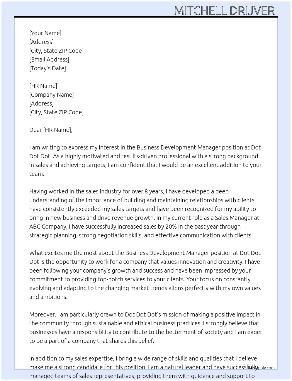 Business Development Manager At Dot Dot Dot Cover Letter