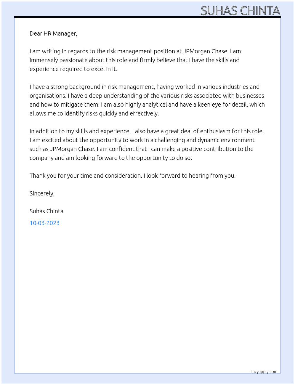risk management At JPMorgan Chase Cover Letter