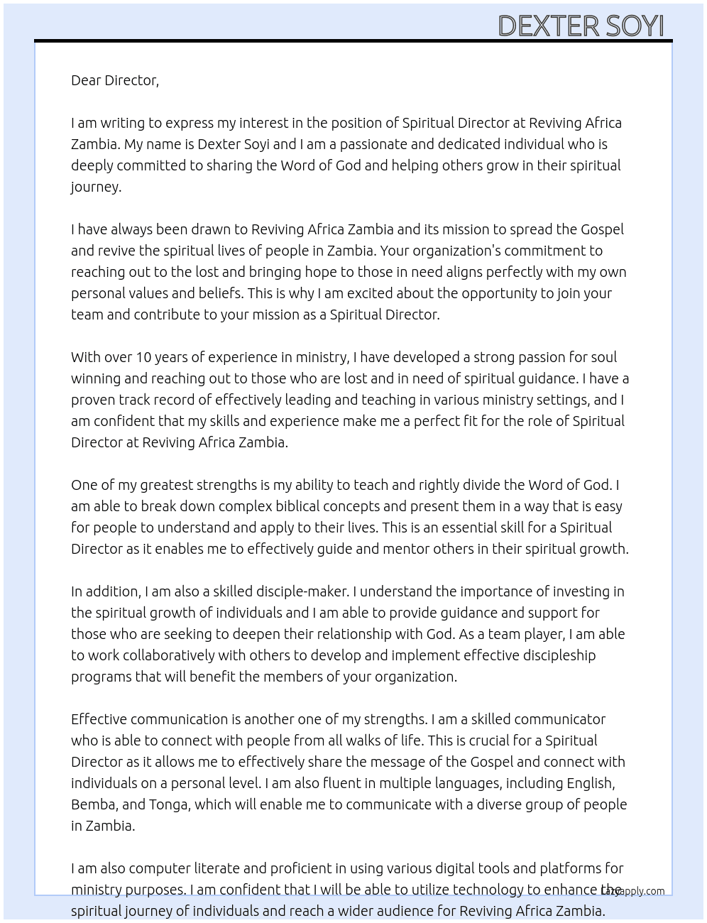 Spiritual director  At Reviving Africa Zambia  Cover Letter