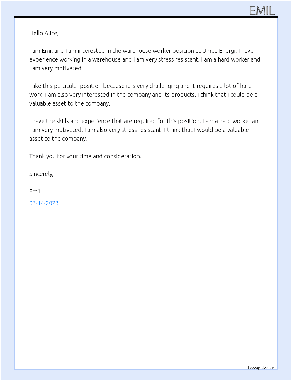 Warehouse Worker At Umea Energi Cover Letter