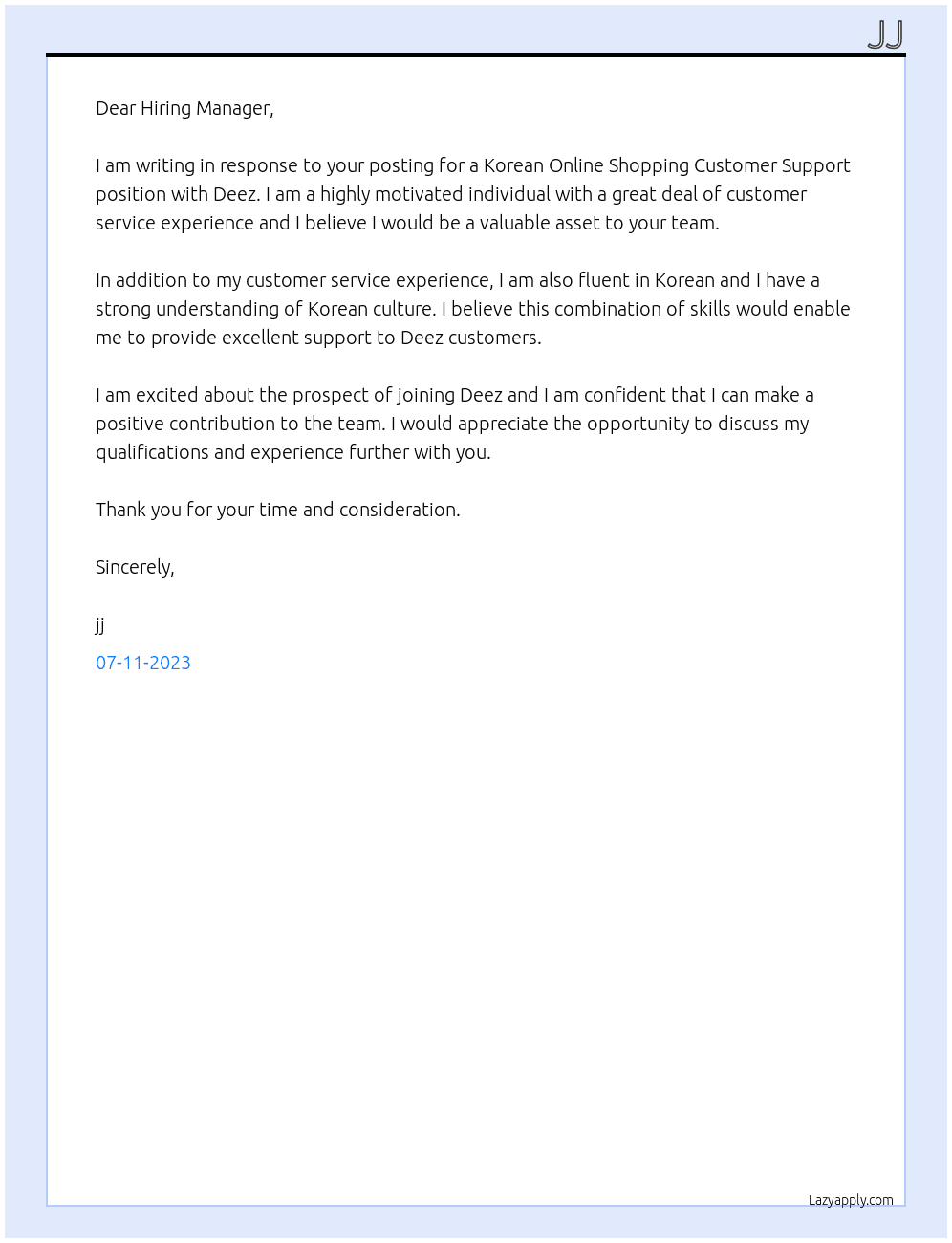 Korean Online Shopping Customer Support At deez Cover Letter