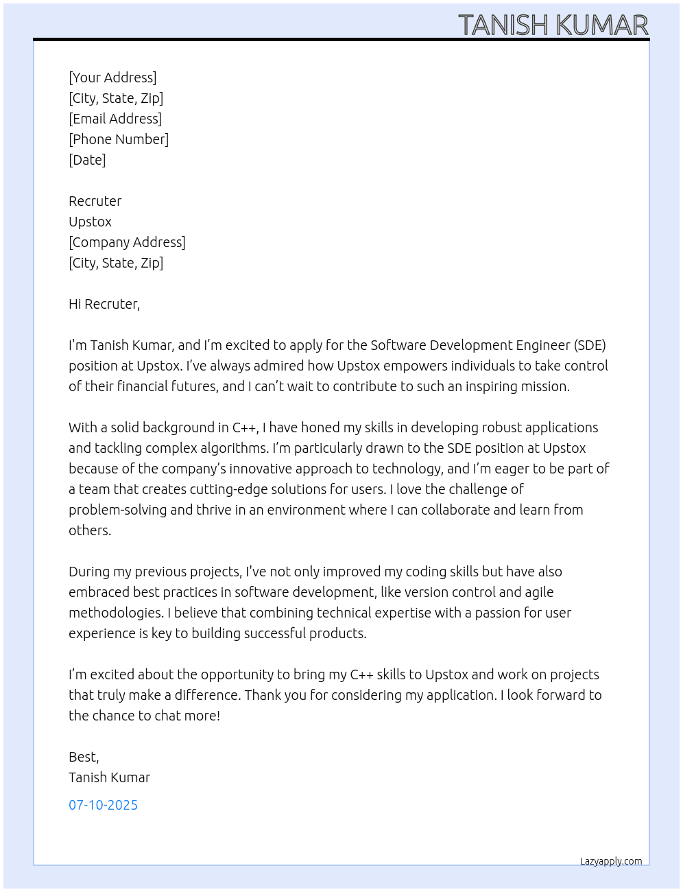 SDE At Upstox Cover Letter