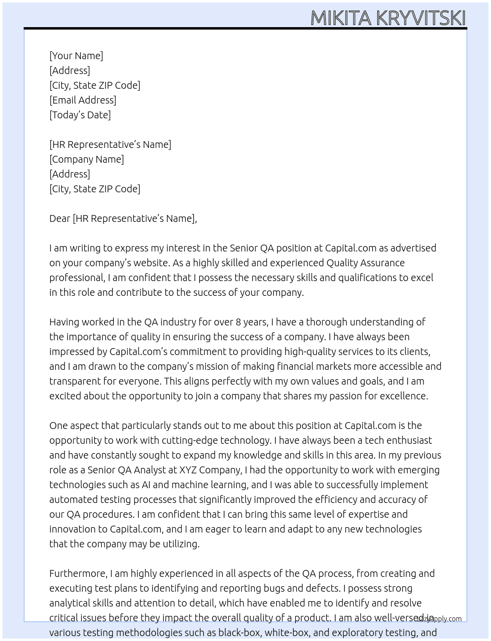 Senior QA At Capital.com Cover Letter