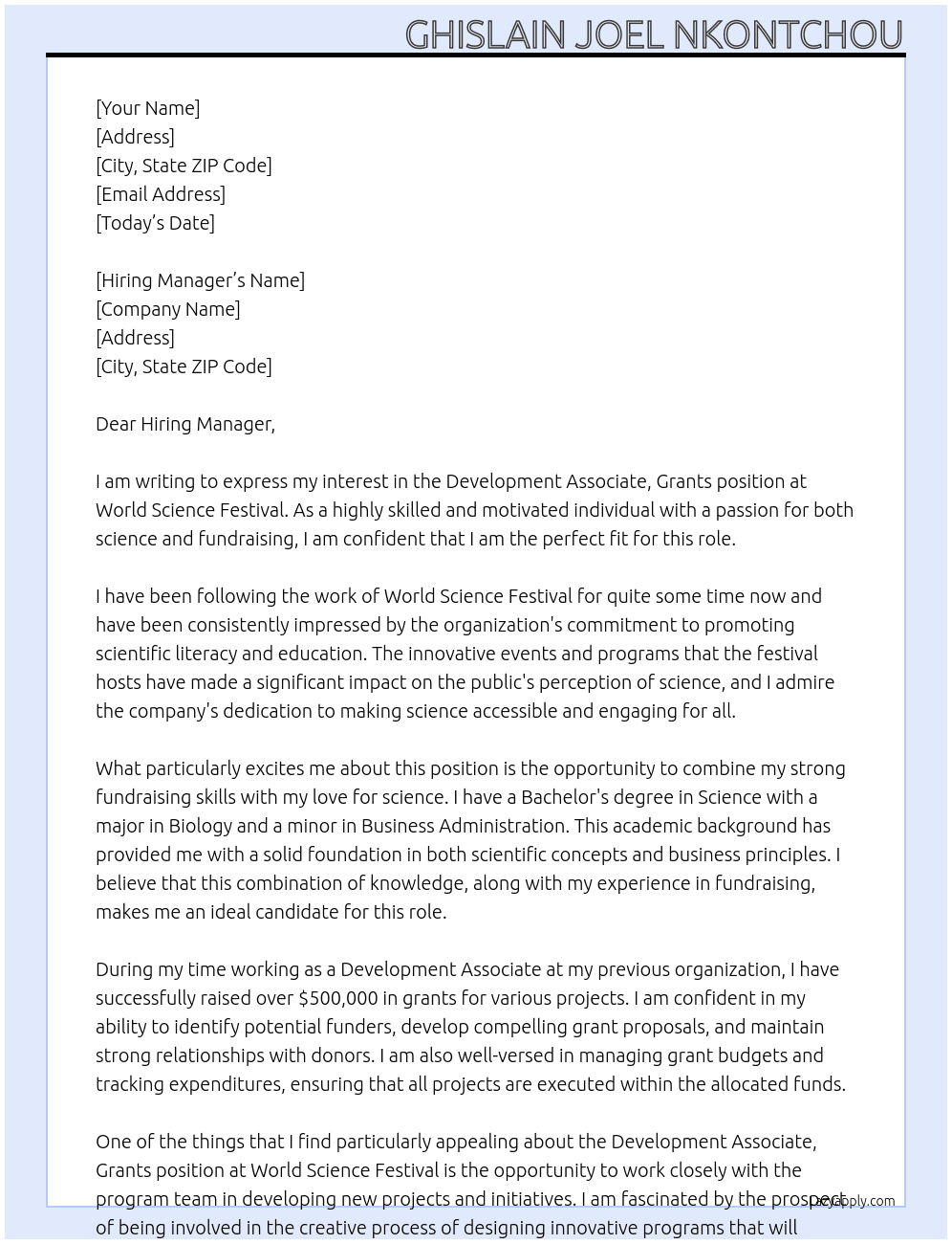 Development Associate, Grants At World Science Festival Cover Letter