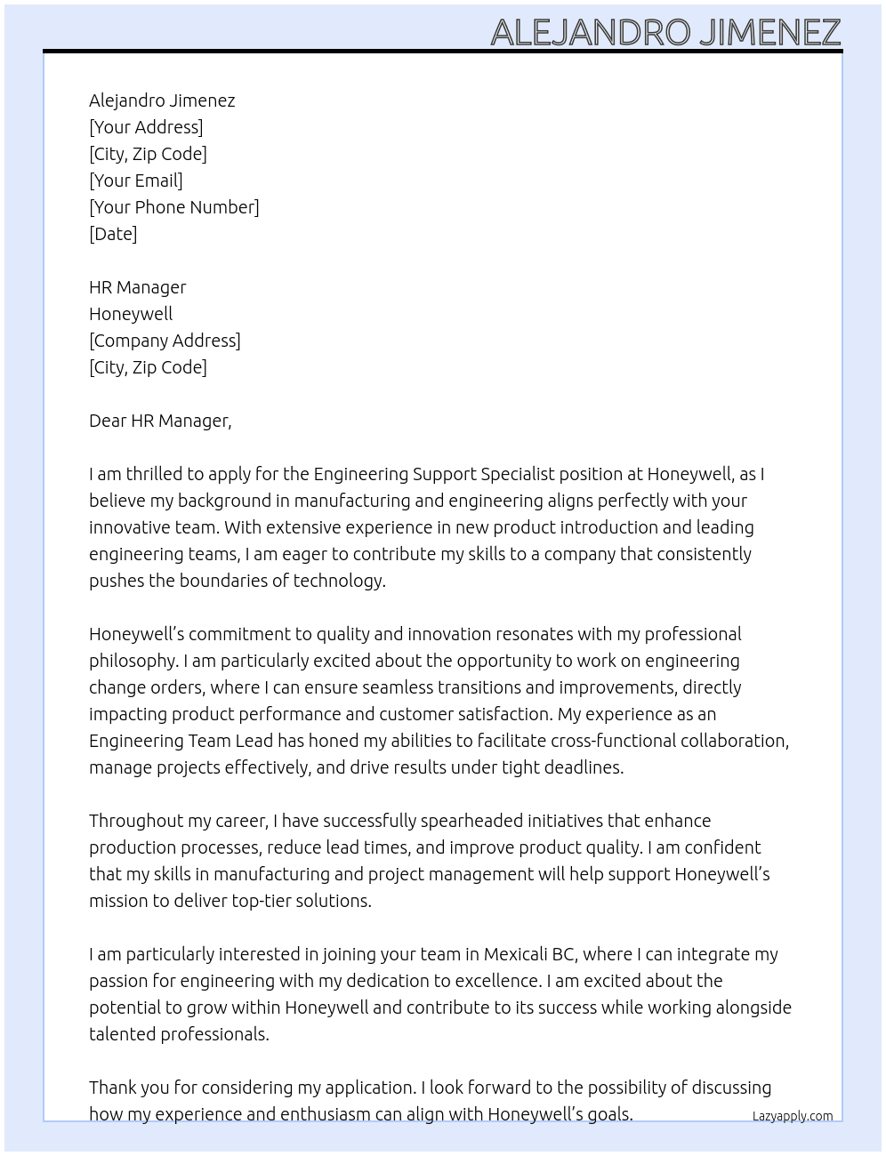 Cover letter for engineering support specialist - LazyApply