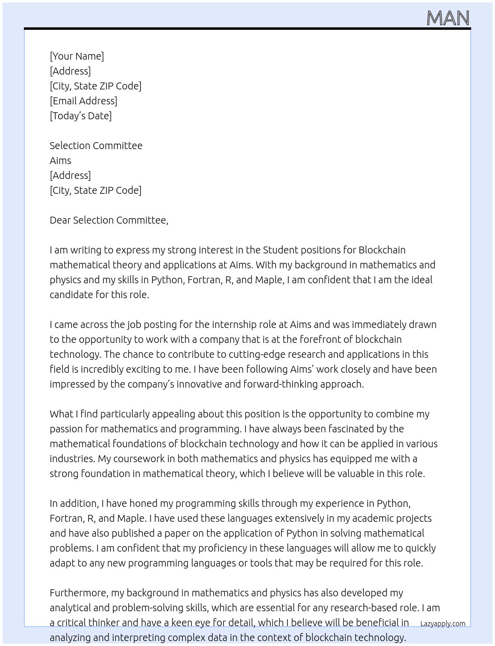 Student positions for Blockchain mathematical theory and applications  At Aims  Cover Letter