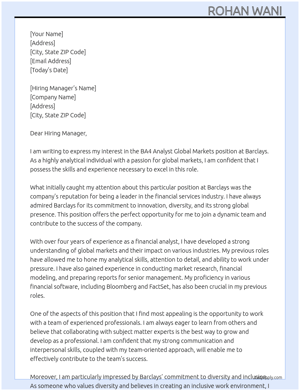 Cover letter for ba4 analyst global markets - LazyApply