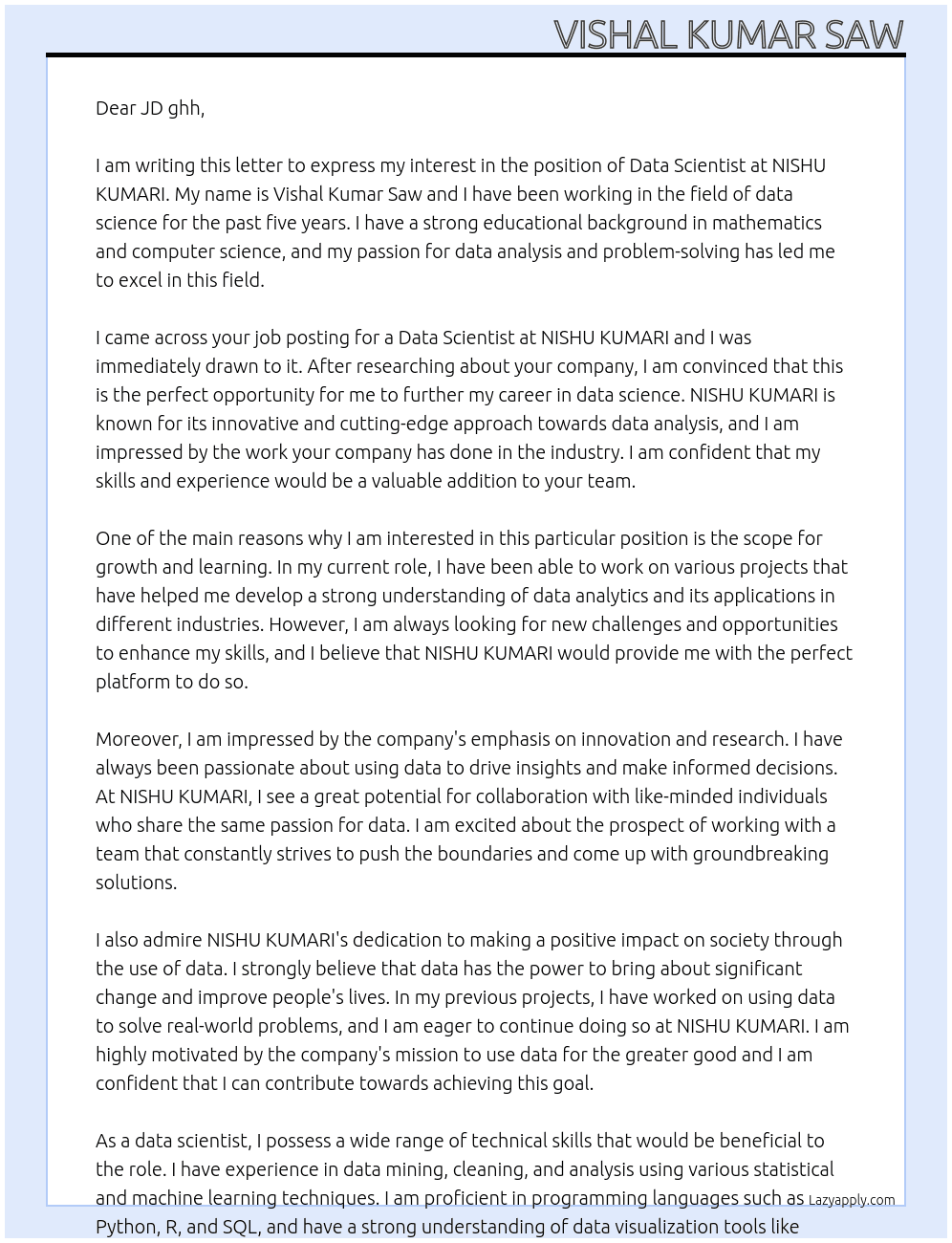 data scientist At NISHU KUMARI Cover Letter