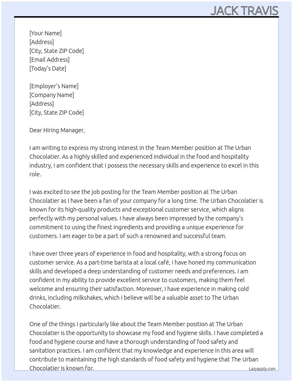 Team Member At The Urban Chocolatier  Cover Letter