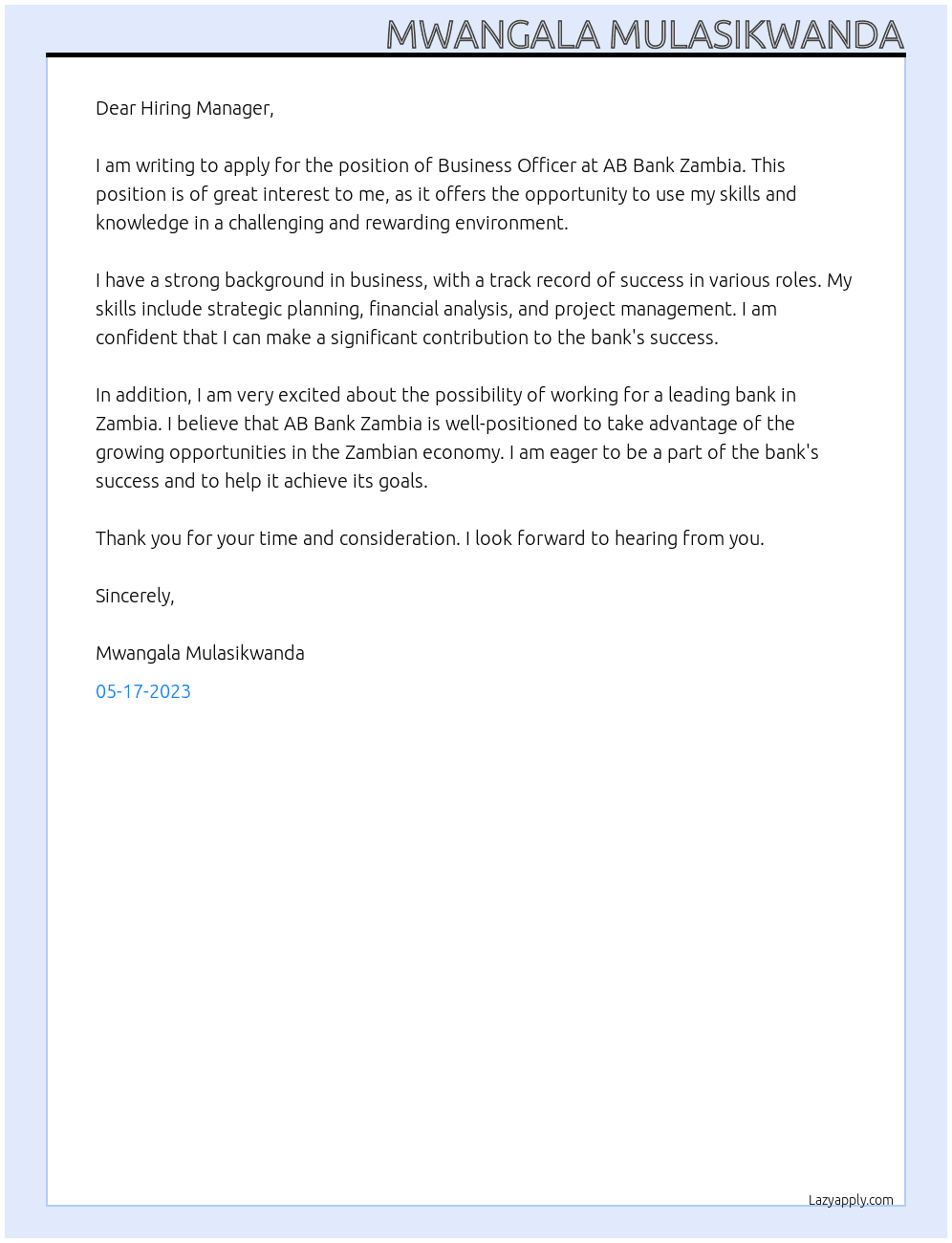 business officer At AB Bank Zambia Cover Letter
