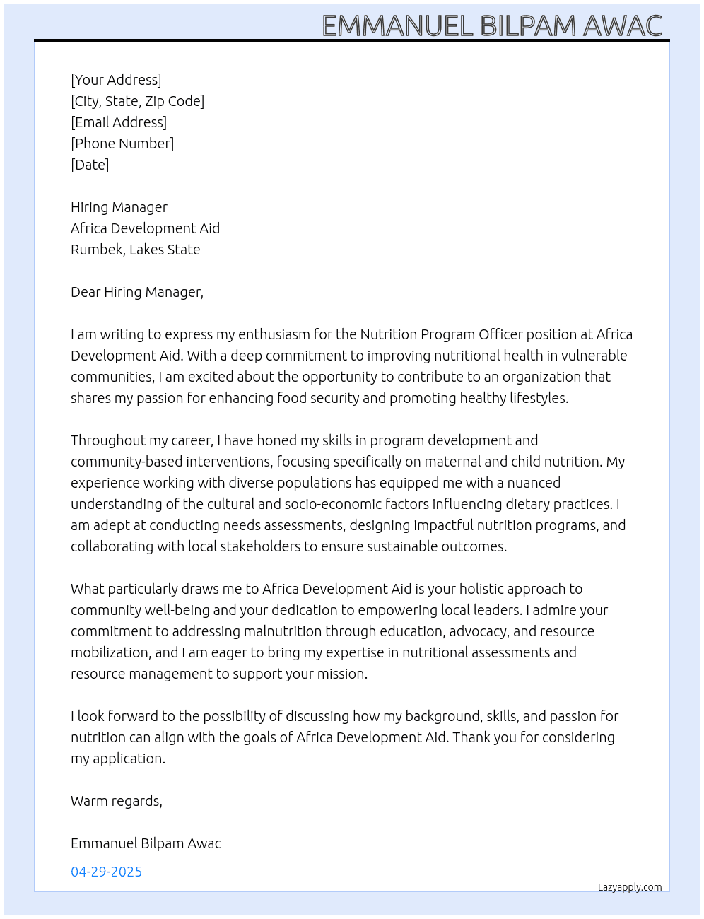 Nutrition Program Officer At Africa Development Aid, Rumbek, Lakes state. Cover Letter