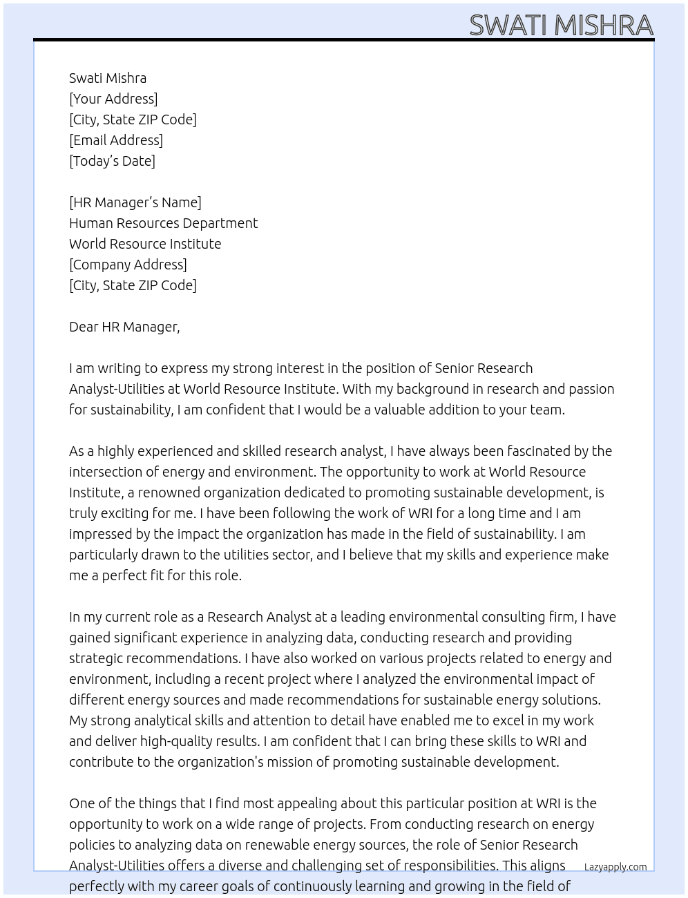 Senior Research Analyst-Utilities At World Resource Institute Cover Letter