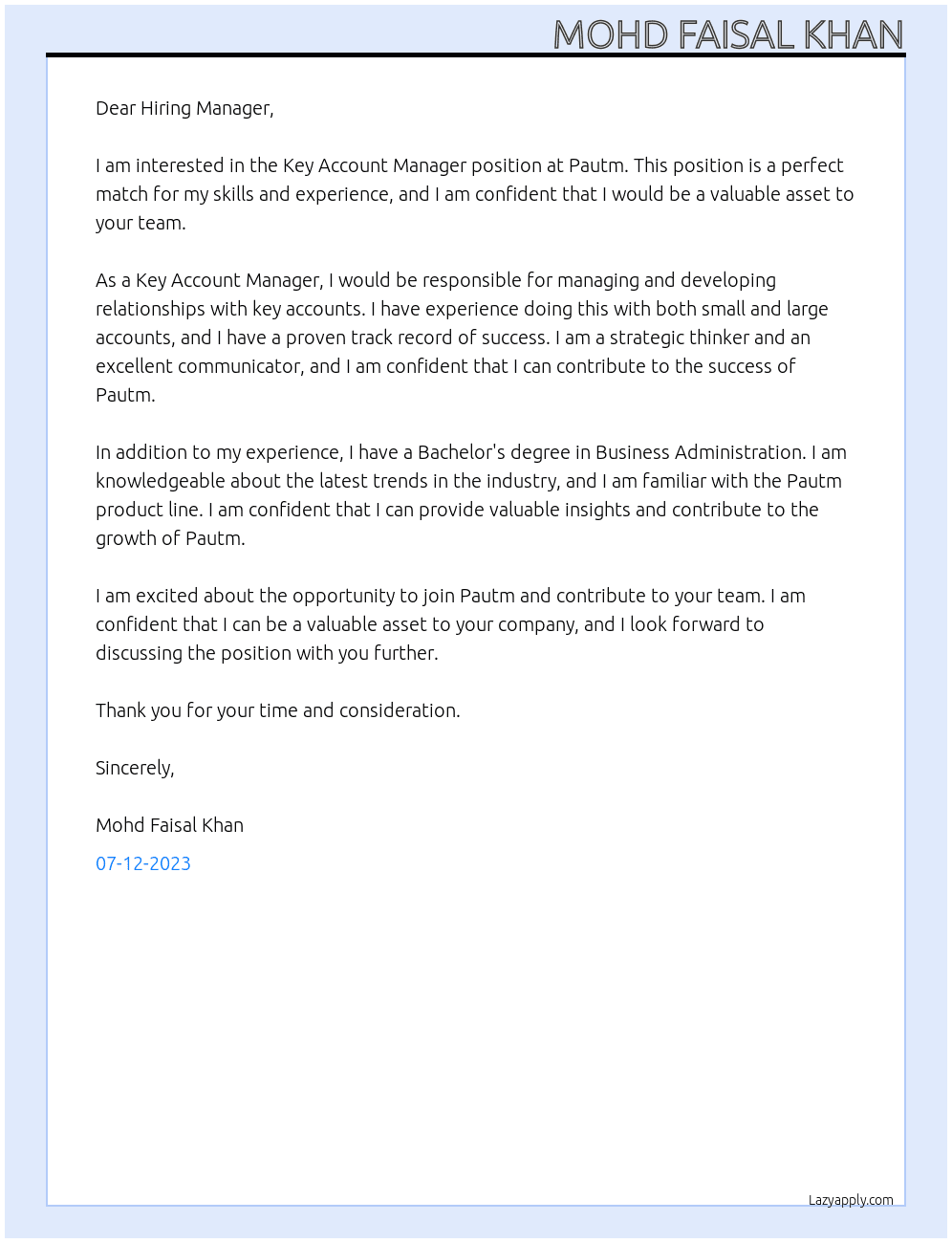 Key Account Manager At Pautm Cover Letter