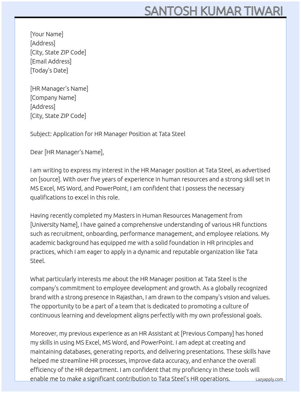 HR  At Tata steel Cover Letter
