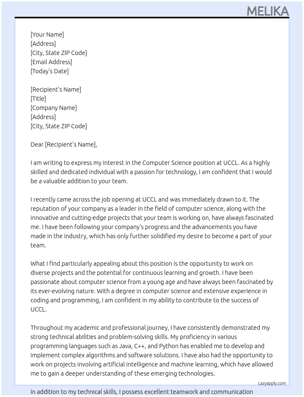 Computer science  At Uccl Cover Letter