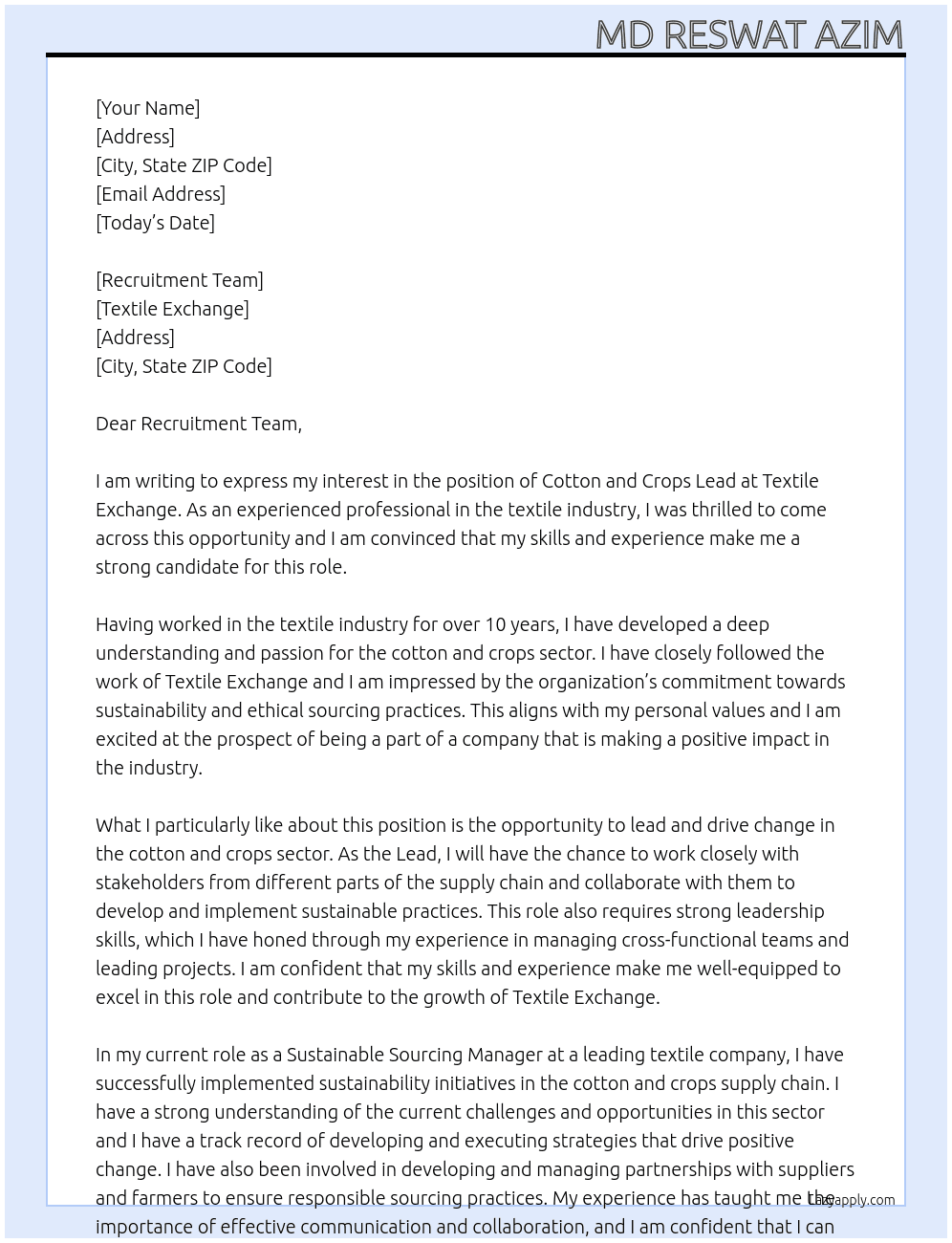 Cotton and Crops Lead At Textile Exchange Cover Letter