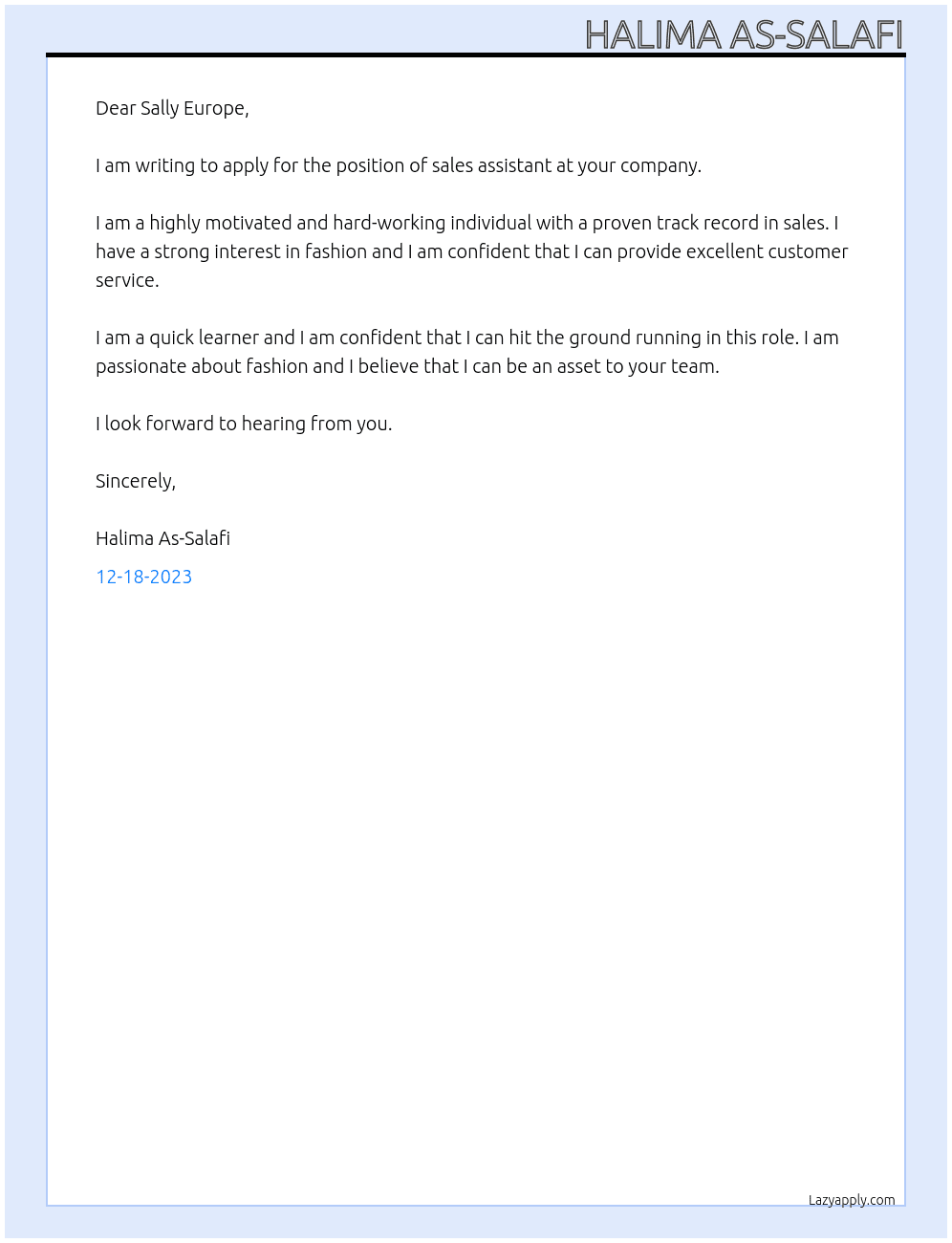 Sales assistant At Sally Europe Cover Letter