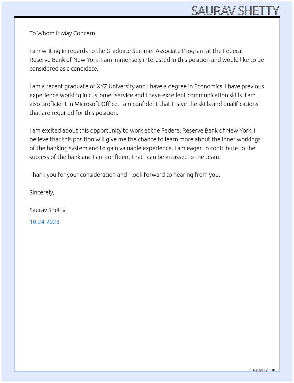 The Graduate Summer Associate Program At Federal Reserve Bank of New York Cover Letter