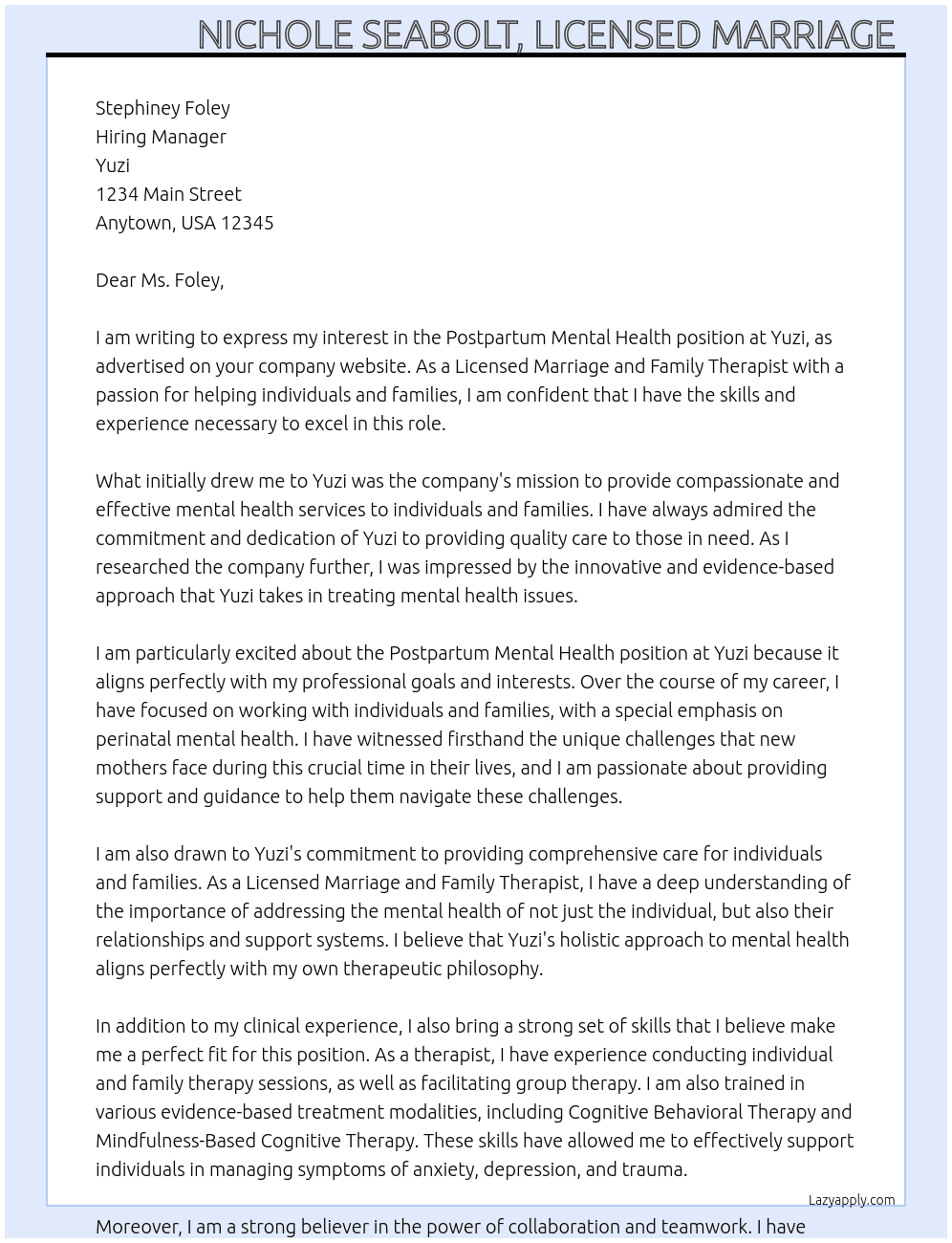 Postpartum Mental Health  At Yuzi Cover Letter
