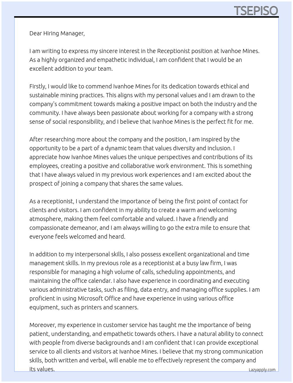 Receptionist  At Ivanhoe Mines Cover Letter