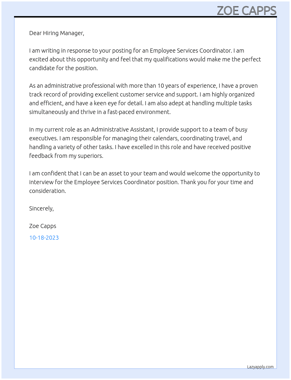 Employee Services Coordinator At ESFM Cover Letter