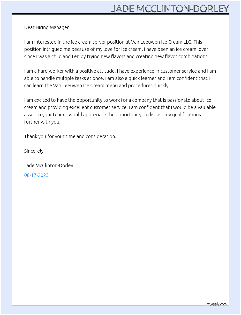 Ice Cream Server At Van Leeuwen Ice Cream LLC Cover Letter