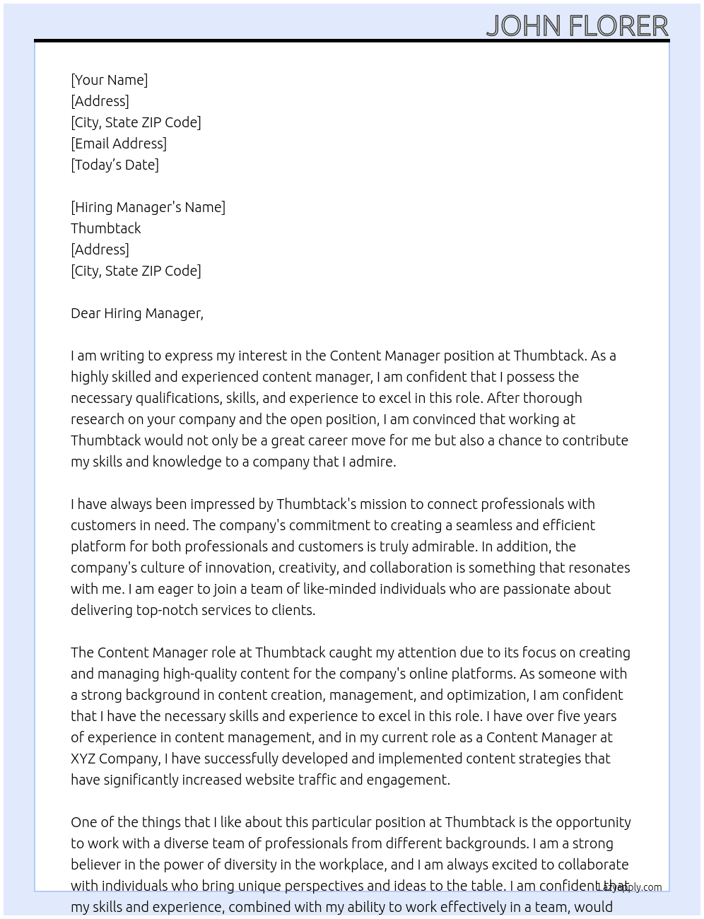 content manager At Thumbtack Cover Letter