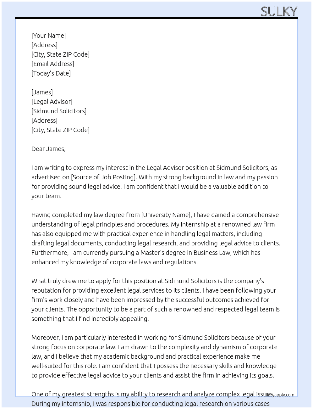 legal advisor At sidmund solicitors Cover Letter