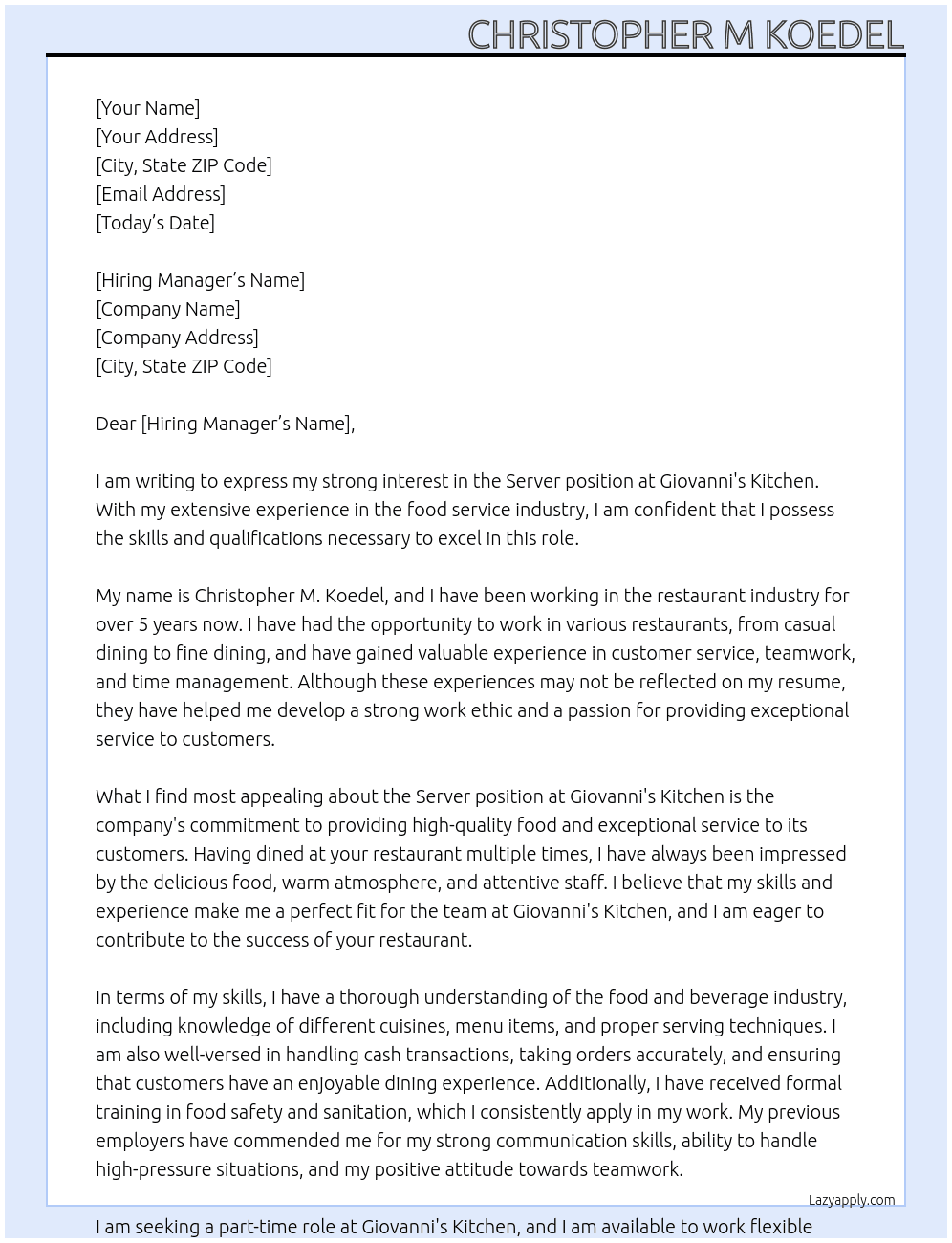 Server At Giovanni's kitchen Cover Letter