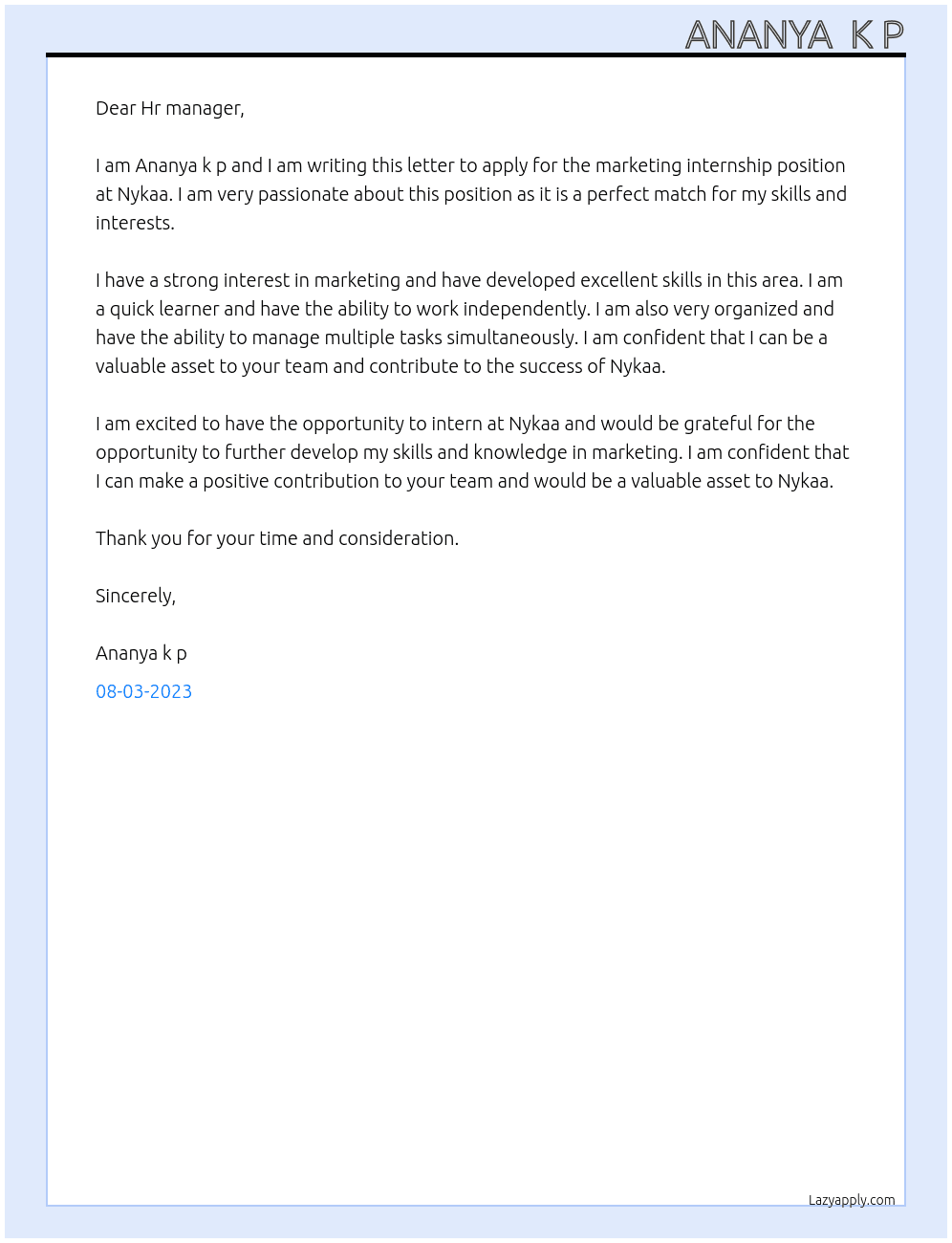 Marketing internship  At Nykaa  Cover Letter