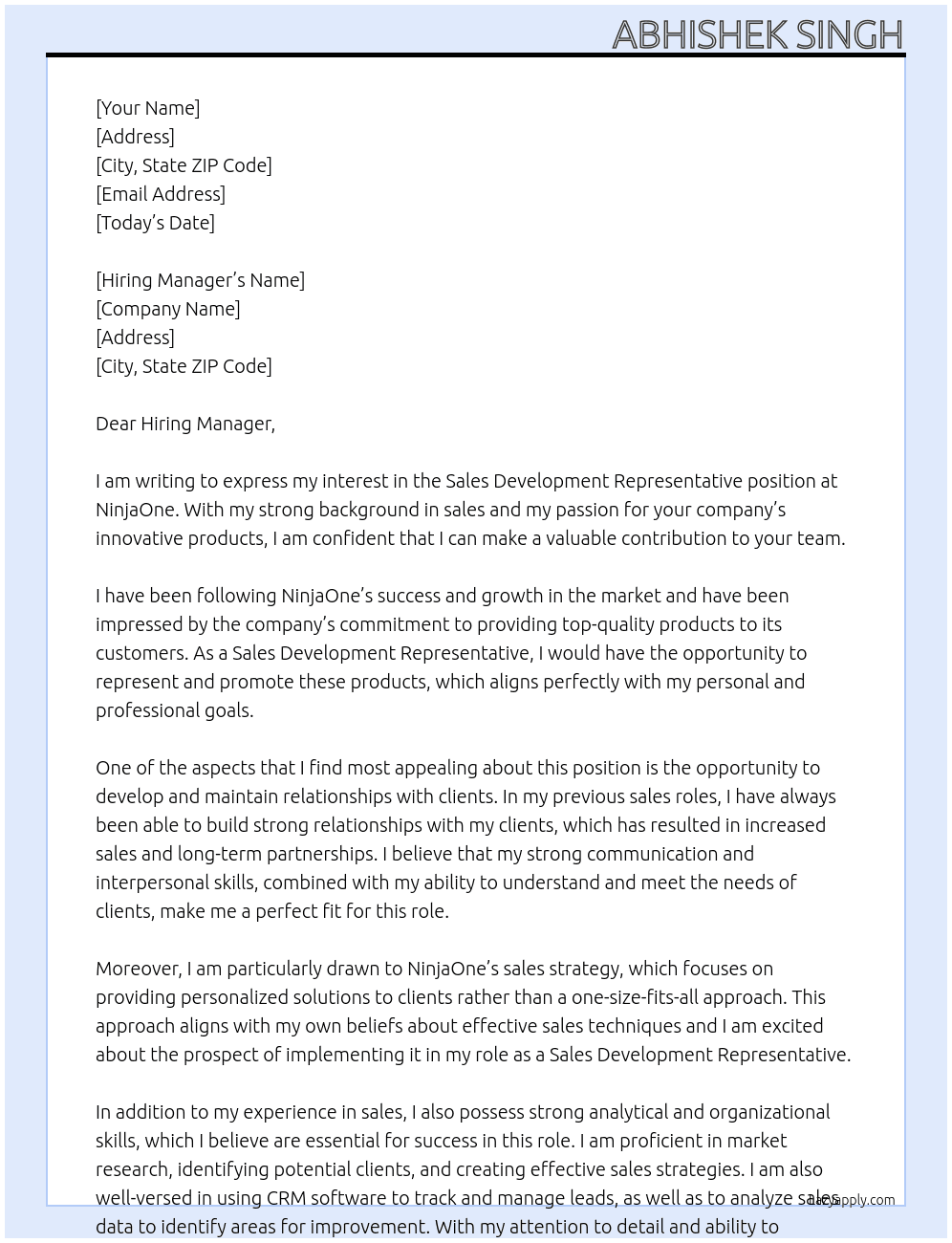 Sales Development Representative At NinjaOne Cover Letter
