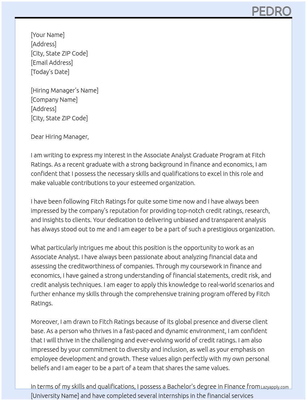 Associate Analyst Graduate Program At FItch Ratings Cover Letter