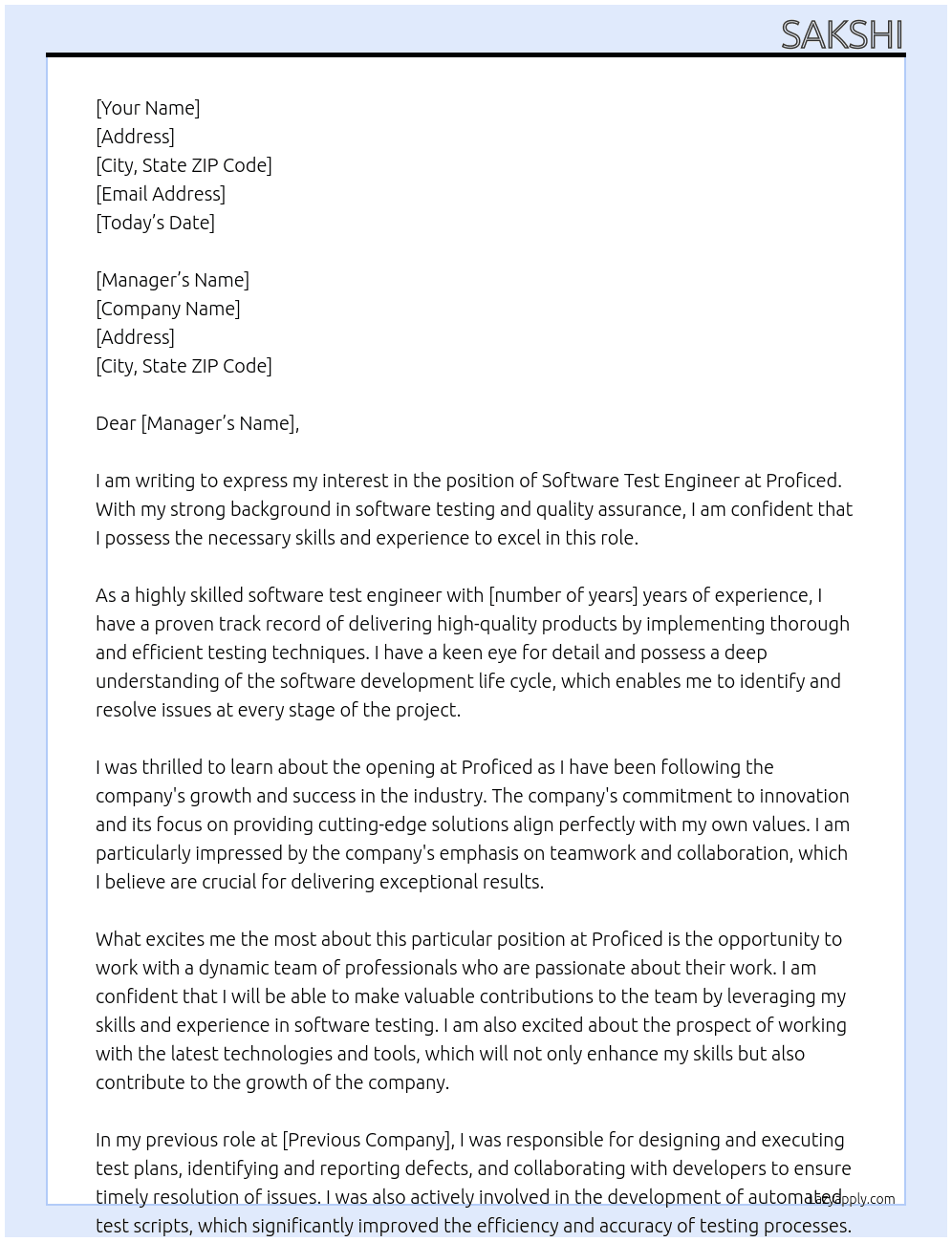 Software Test engineer At Proficed Cover Letter